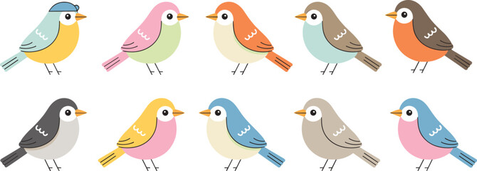 Cartoon birds, colorful characters, stylized animals, cute bird design, playful illustration, kids art, bird collection, accessories, pattern, white background
