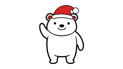 Cute cartoon polar bear wearing a santa hat waving hello for christmas and winter holidays