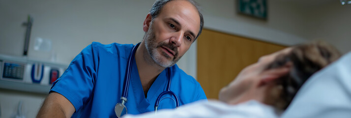 A doctor in scrubs attentively communicates with a patient in a clinical setting, emphasizing empathy and professionalism in healthcare alongside trust and care.