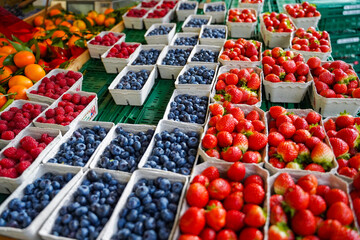 Fresh raspberries, strawberries and blueberries in recycled paper trays at a local market, Germany