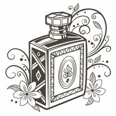 Elegant Perfume Bottle Vector Illustration with Gold Accents and Floral Ornament, Ideal for Cosmetics Packaging Design and Luxury Brand Marketing.