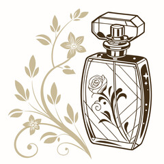 Elegant Perfume Bottle Vector Illustration with Gold Accents and Floral Ornament, Ideal for Cosmetics Packaging Design and Luxury Brand Marketing.