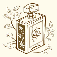 Elegant Perfume Bottle Vector Illustration with Gold Accents and Floral Ornament, Ideal for Cosmetics Packaging Design and Luxury Brand Marketing.