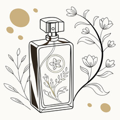 Elegant Perfume Bottle Vector Illustration with Gold Accents and Floral Ornament, Ideal for Cosmetics Packaging Design and Luxury Brand Marketing.