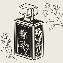 Elegant Perfume Bottle Vector Illustration with Gold Accents and Floral Ornament, Ideal for Cosmetics Packaging Design and Luxury Brand Marketing.