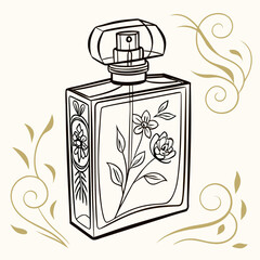 Elegant Perfume Bottle Vector Illustration with Gold Accents and Floral Ornament, Ideal for Cosmetics Packaging Design and Luxury Brand Marketing.
