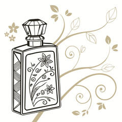 Elegant Perfume Bottle Vector Illustration with Gold Accents and Floral Ornament, Ideal for Cosmetics Packaging Design and Luxury Brand Marketing.