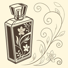 Elegant Perfume Bottle Vector Illustration with Gold Accents and Floral Ornament, Ideal for Cosmetics Packaging Design and Luxury Brand Marketing.