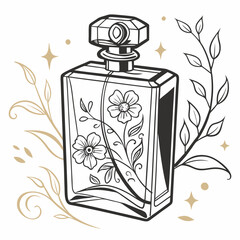Elegant Perfume Bottle Vector Illustration with Gold Accents and Floral Ornament, Ideal for Cosmetics Packaging Design and Luxury Brand Marketing.