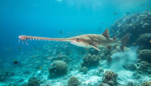 Large marine creature swims among coral, small fish in clear water
