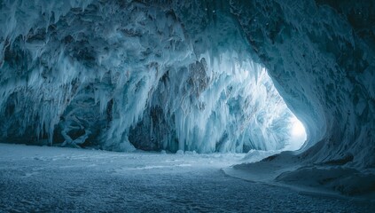 Frozen Grotto. An Icy Interior Landscape of Icicles, Light and Cold Textures.