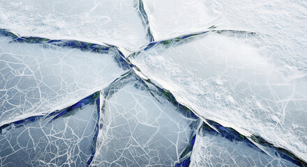 Glacial ice formations with intricate cracks and textures, showcasing the beauty of frozen landscapes and the delicate interplay of light and shadow in nature's artistry