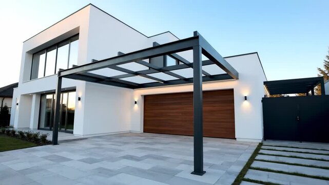 Modern Home Exterior with Pergola - Exterior shot of a modern two-story house featuring a wooden garage door and a grey steel pergola over the driveway.