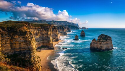 Golden Cliffs and Azure Waters a Coastal Vista of Towering Rock Formations.