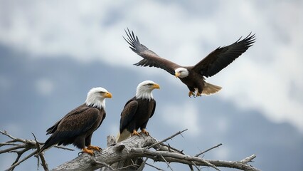 Obraz premium Majestic Bald Eagle Soaring in Blue Sky Symbolizing Freedom and Strength 