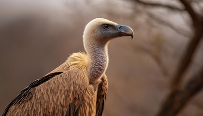 Fototapeta premium Close-Up Portrait Of A Griffon Vulture Perched On A Tree During Winter Migration In The Desert National Park Of Jaisalmer, Rajasthan, India.