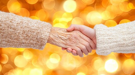 A warm handshake between an elderly woman and a younger person, signifying connection and understanding.