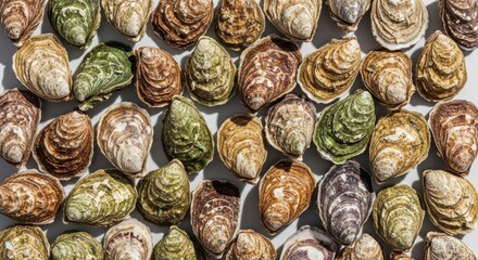 Fresh raw oysters in shells creating a natural textured pattern. Gourmet seafood delicacy from the ocean. Flat lay composition for culinary concepts and restaurant menu design