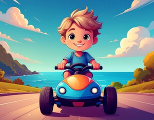 Illustration of  Light-Haired Boy on Toy Electric Car , Florida Cartoon Scene. 