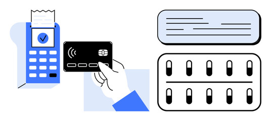 Hand holding contactless card near POS terminal emitting signal waves, receipt printed. Abstract horizontal lines and structured columns. Ideal for payment, technology, banking, modern commerce