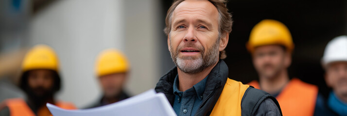 A construction supervisor stands confidently before his team, holding blueprints as they discuss project details, embodying leadership, teamwork, and dedication to building.