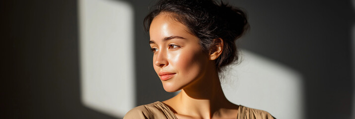 A captivating portrait of a serene young woman basking in soft natural light, showcasing her calm demeanor and the beauty of her features in a minimalist setting.