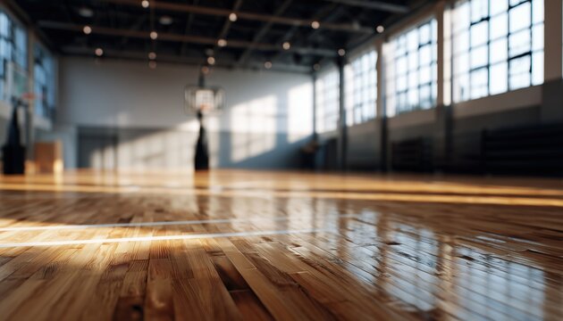 Capturing The Elegance: Blurred Image Of A Basketball Court With Polished Wood And White Lines, Setting The Pre-Game Atmosphere - Powered by Adobe