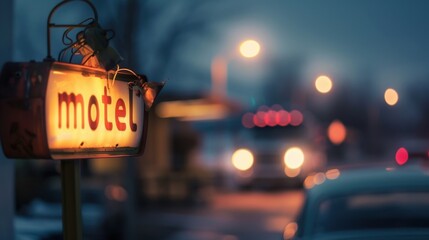 A vintage motel sign illuminated at night. Blurred lights from passing vehicles create a moody atmosphere. The scene captures a nostalgic roadside setting.