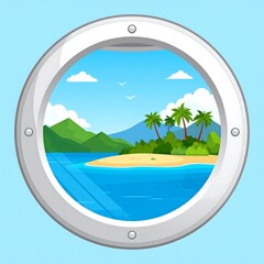 Cartoon depiction of a tropical island scene viewed through a porthole