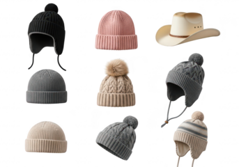 Collection of winter hats and a cowboy hat, displayed on a transparent background