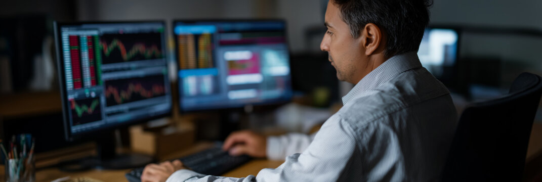 An analyst concentrates on multiple screens filled with financial data and charts, showcasing the intensity and complexity of modern trading environments in finance.