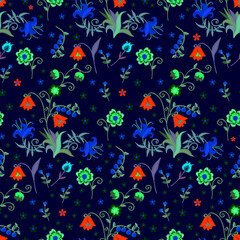Night garden. Beautiful seamless pattern with embroidered flowers and berries on a black background. Beautiful floral embroidery.