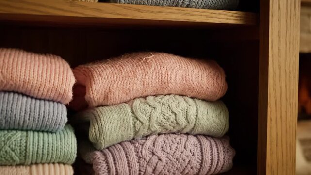 Folded Knitted Sweaters on Wooden Shelves - This close-up shot showcases a stack of neatly folded, pastel-colored knitted sweaters inside a wooden shelf.