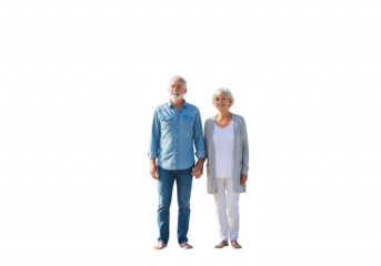 Elderly couple holding hands, smiling, isolated on transparent background