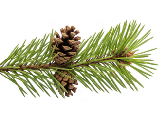 Pine tree branch with two pine cones, isolated on transparent background