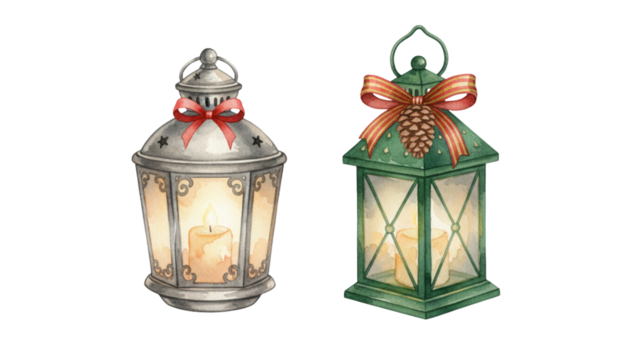 Retro Christmas candle lantern watercolor set isolated on transparent background