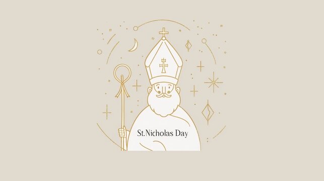 Illustration of St. Nicholas in white bishop robes and mitre with staff, surrounded by stars and sparkles, symbolizing St. Nicholas Day celebration.