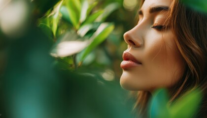 Stunning Fashion Model Girl Embracing Nature, Taking In The Fresh Air In A Summer Garden Among Lush Green Leaves. Serenity. Healthy Beauty Woman Outdoors. Zen Experience.
