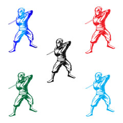 Five ninja fighters in dynamic sword pose, multicolor minimalist artwork