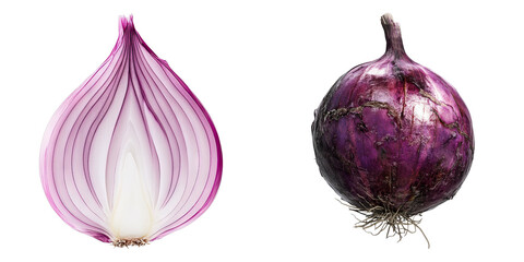 Fresh red onion, one whole and one cut in half, showcasing the vibrant layers of the vegetable. The image highlights the natural beauty and texture of the onion.