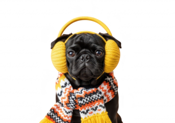 Black pug dog wearing yellow earmuffs and colorful scarf isolated on transparent background
