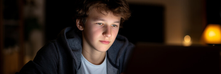 A teenager is engrossed in computer work at night, showcasing modern youth's technological engagement while reflecting on focus and determination in an illuminated environment.