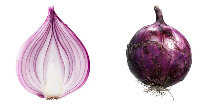 Fresh red onion, one whole and one cut in half, showcasing the vibrant layers of the vegetable. The image highlights the natural beauty and texture of the onion.