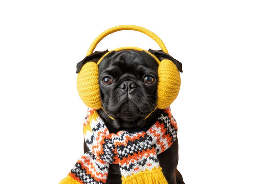 Black pug dog wearing yellow earmuffs and colorful scarf isolated on transparent background