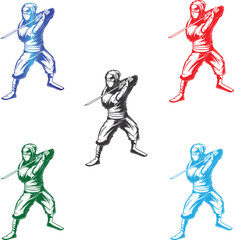 Colorful ninja warriors illustration, red blue green black variations, vector design
