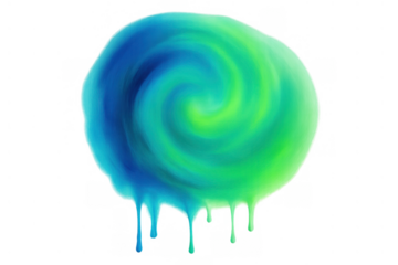 Swirling blue and green paint dripping, creating a vibrant abstract liquid design on transparent background