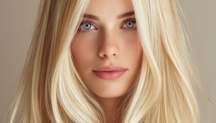 Fototapeta premium Blonde With Blue Eyes: A Healthy Woman Sporting Long Blonde Hair And Hair Extensions