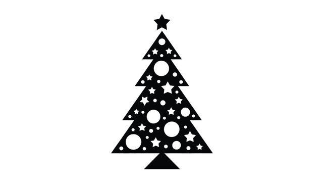 A stylized black christmas tree silhouette adorned with cutout stars and circles against a clean white background perfect for festive holiday designs silhouette