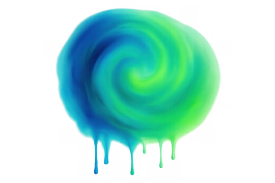 Swirling blue and green paint dripping, creating a vibrant abstract liquid design on transparent background