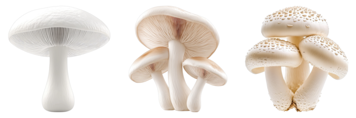 An arrangement of three different kinds of edible mushrooms, each with its own unique texture and shape